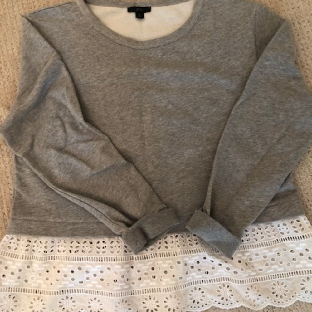 J Crew grey sweatshirt with lace eyelette trim